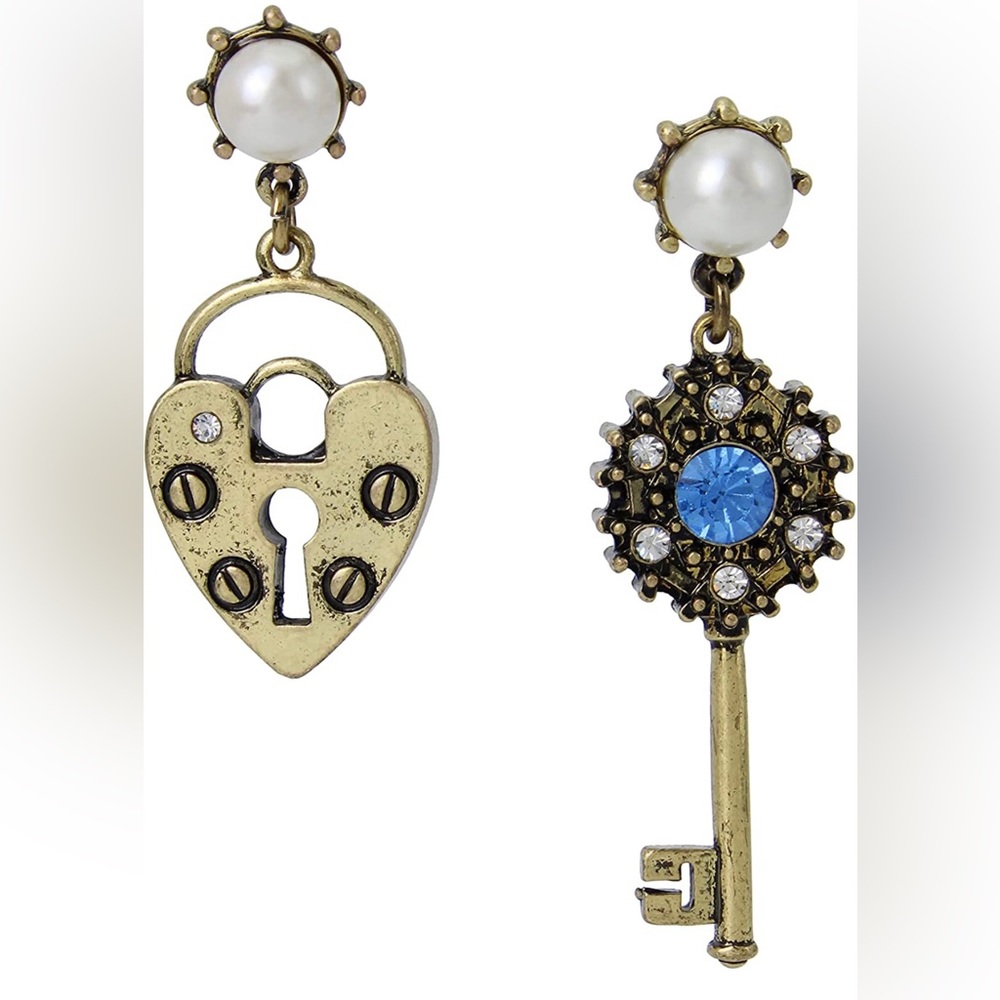 Betsey Johnson Heart Lock & Key Mismatch Drop Earrings